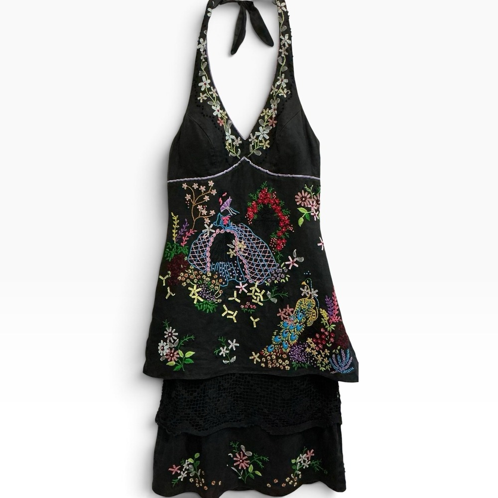 Sue Wong Vintage Y2K Linen Hand Embroidered Peacock Midi Halter Dress Rare XS 2